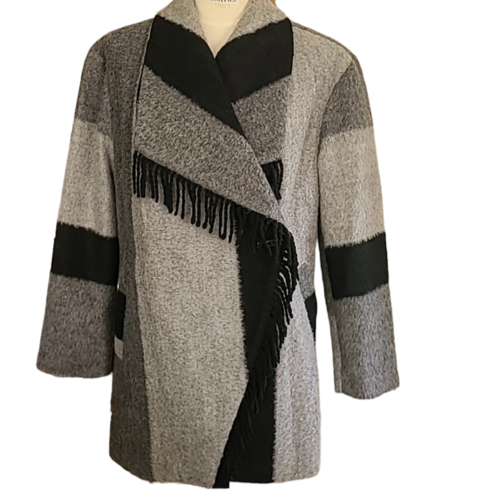 International Details Gray Black Wool Coat Size Medium Fringed Boho  Whimsigoth